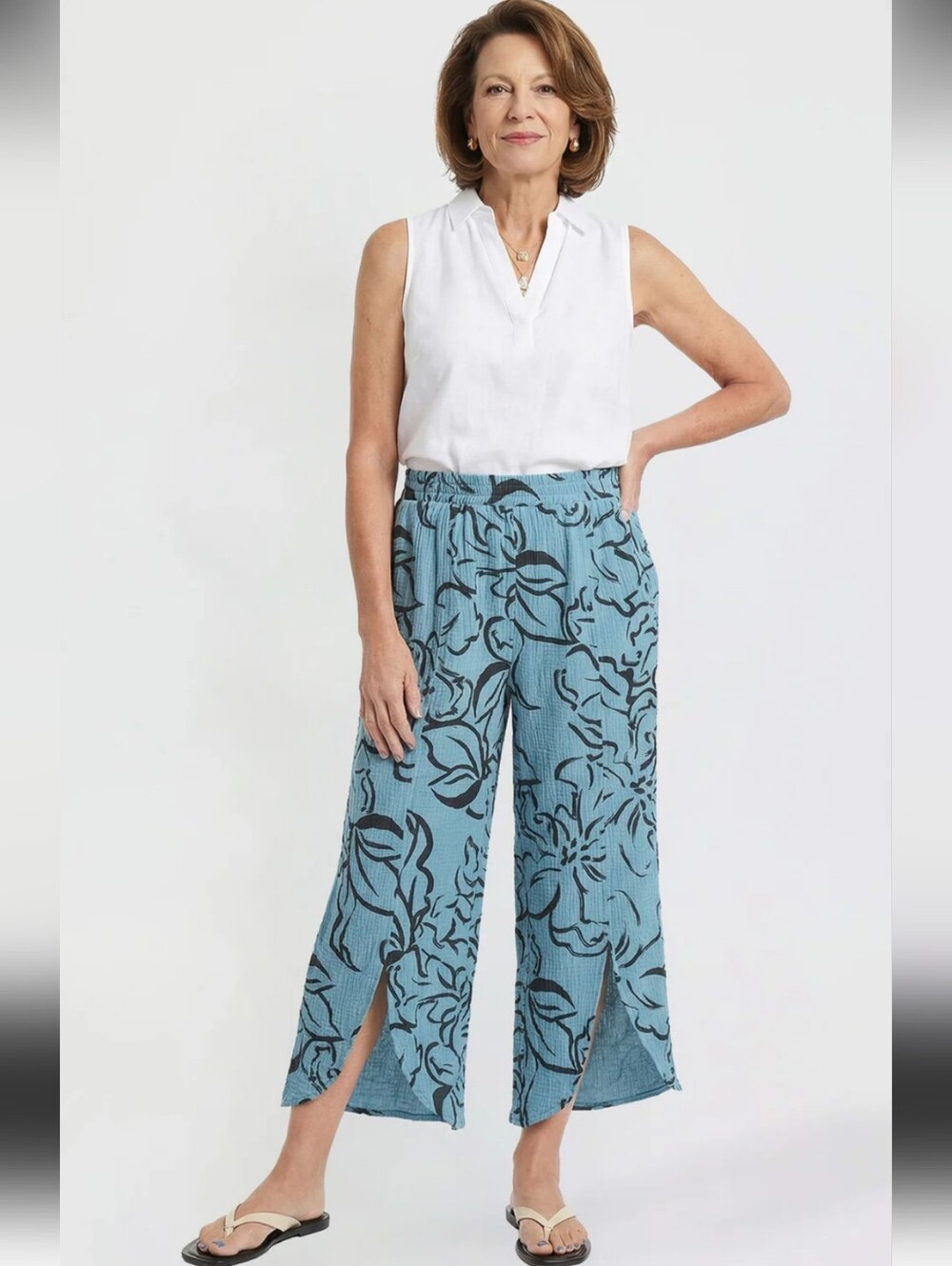 Royalty For Me Teal Blue Floral Split-Hem Wide-Leg 100% Cotton Pants Size Large